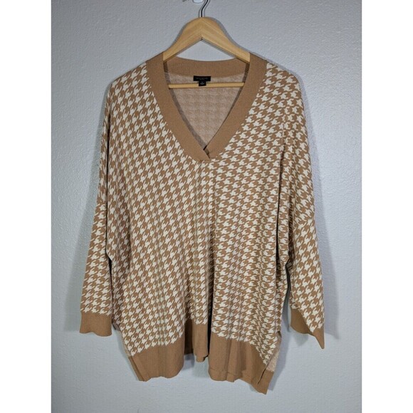 Ann Taylor Preppy Oversized V Neck Sweater Tan Cream Houndstooth Print XL N93 - Picture 1 of 8